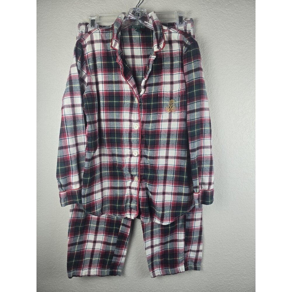 LAUREN Ralph Lauren Size L Flannel Plaid‎ Pajama Set Red Green White 100% Cotton